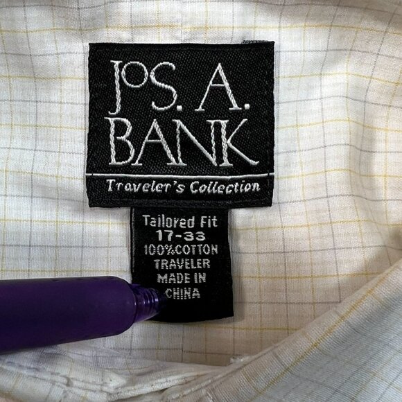 Jos A Bank Travelers Mens Button Up Shirt 17 - 33 Tailored Yellow Blue Check - Picture 5 of 5